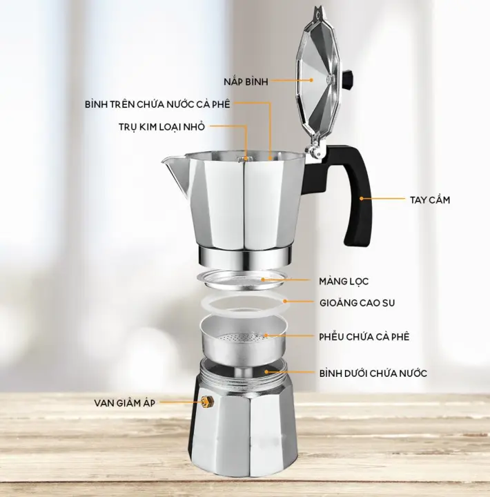 Bình pha cà phê Moka Pot 6 tách 300ml bằng Nhôm cao cấp, máy pha cà