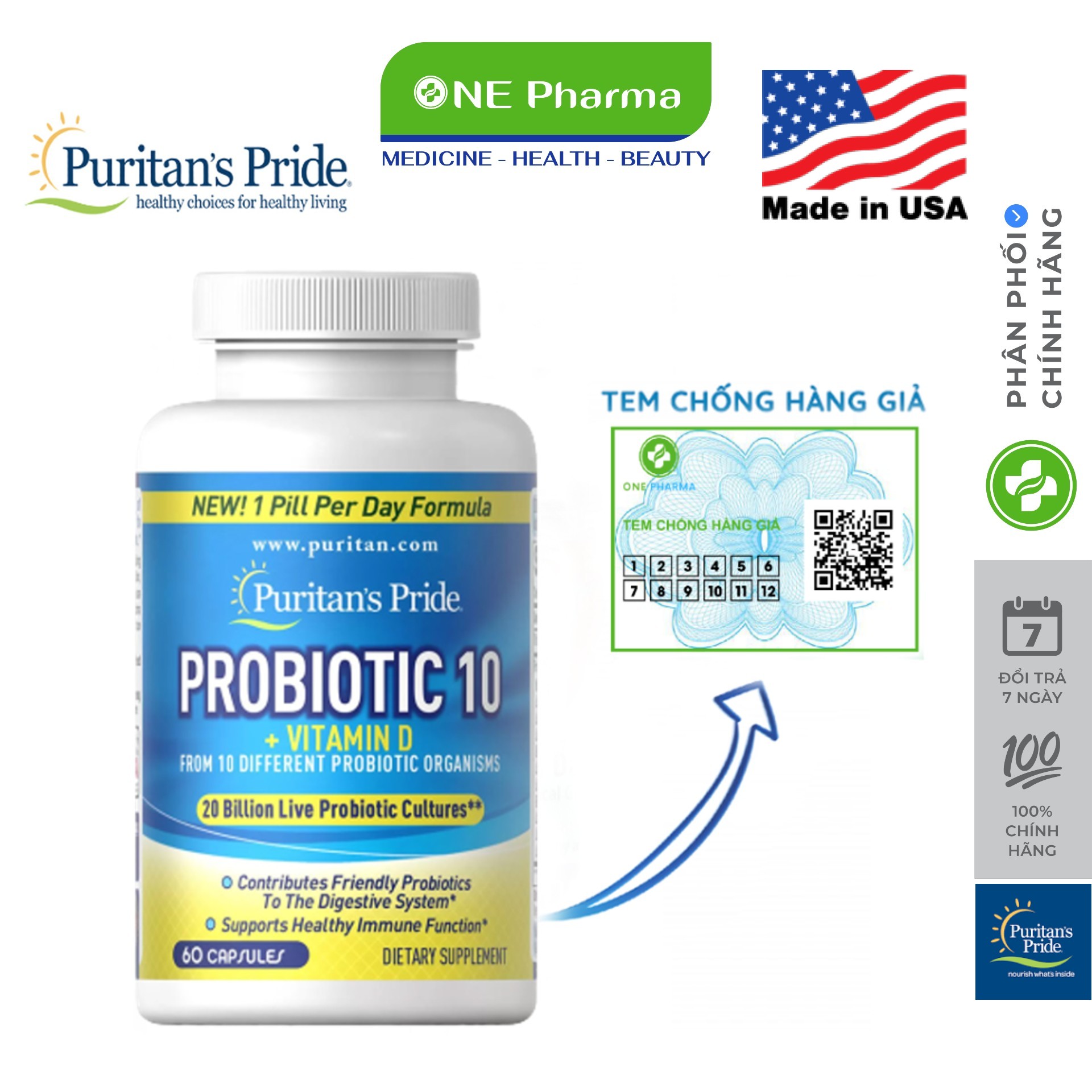 Viên uống lợi khuẩn Puritan's Pride Probiotic 10 with Vitamin D 60 viên