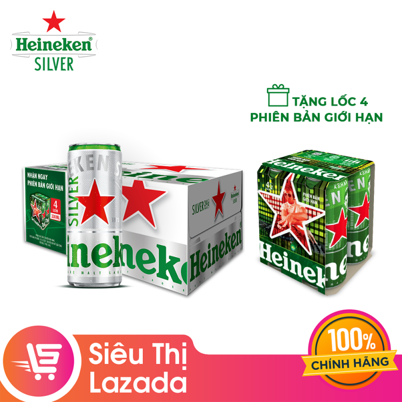 Thùng 24 lon bia Heineken Silver tặng Lốc 4 lon Heineken phiên bản giới hạn 330ml/lon
