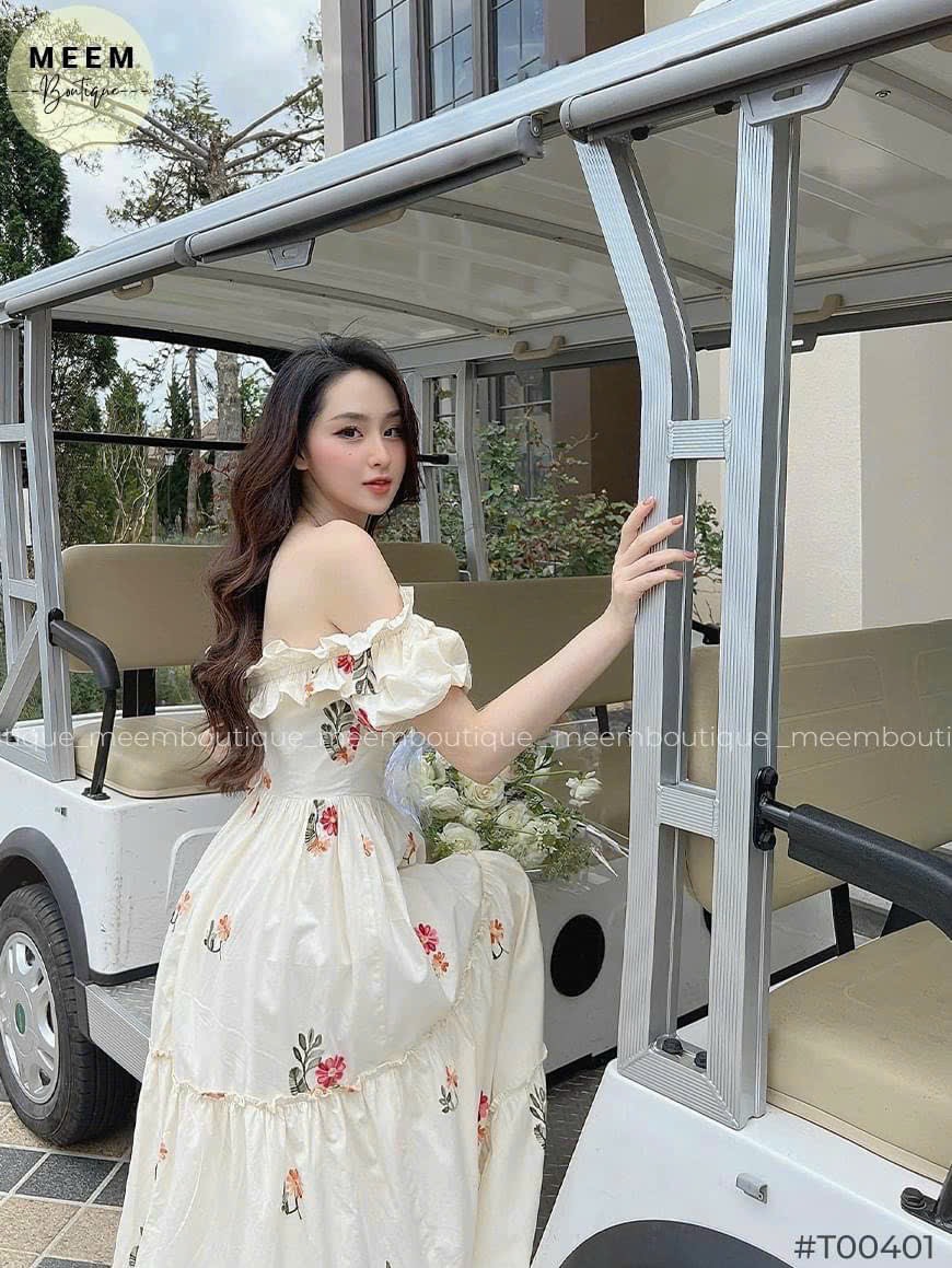 đầm dáng dài dự tiệc trễ vai, ( có mút) chất lụa hoa siêu xinh