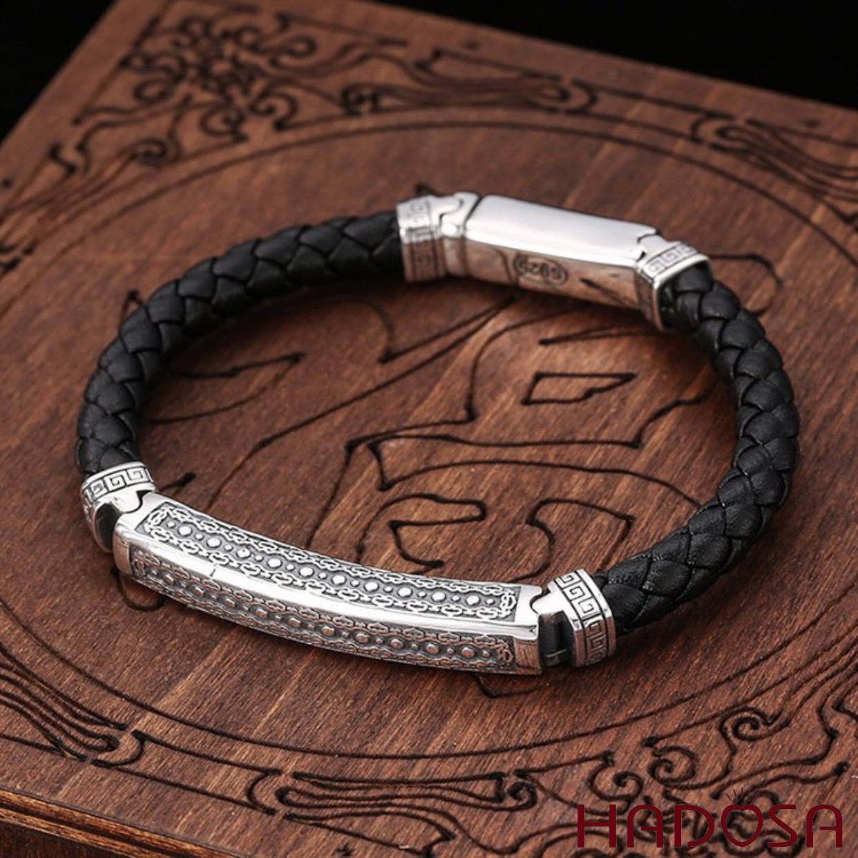 Thai men's leather bracelet with silver