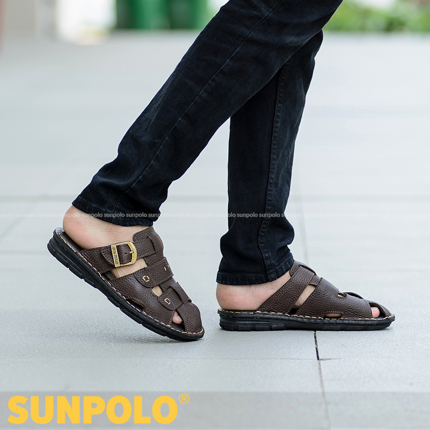 Men Leather SUNPOLO Sandals ABI020 (Brown, Black)