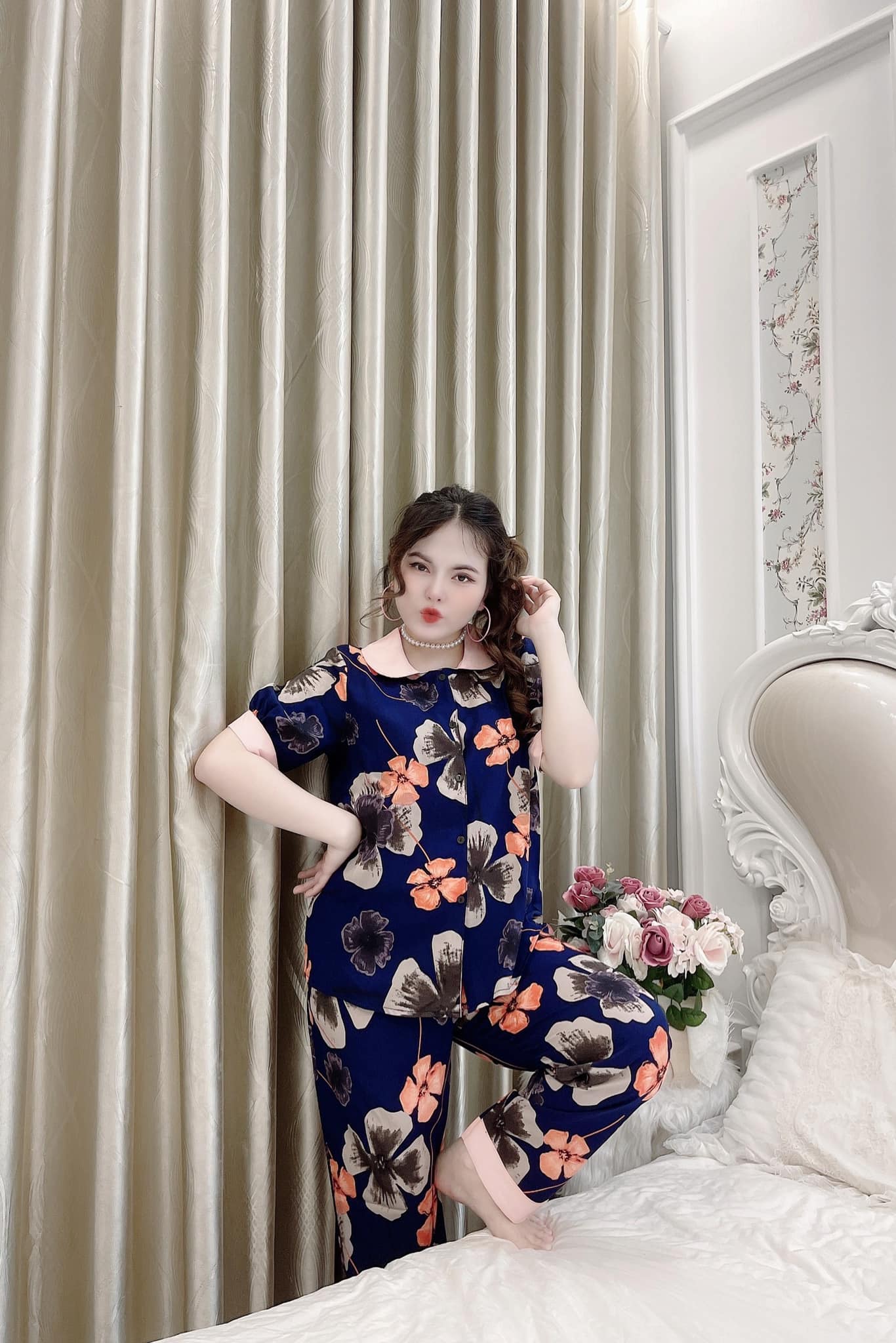 Bộ mặc nhà nữ lụa mango cổ sen nhiều màu