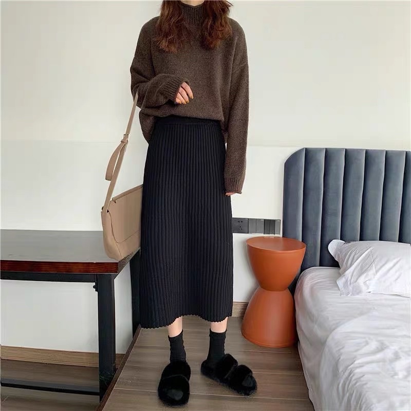 [Loại 1] Chân váy len MIDI Quảng Châu xẻ sau freesize MS150