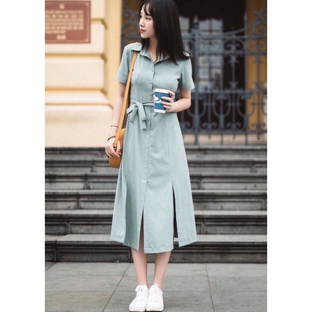 Đầm sơ mi mint xẻ tà