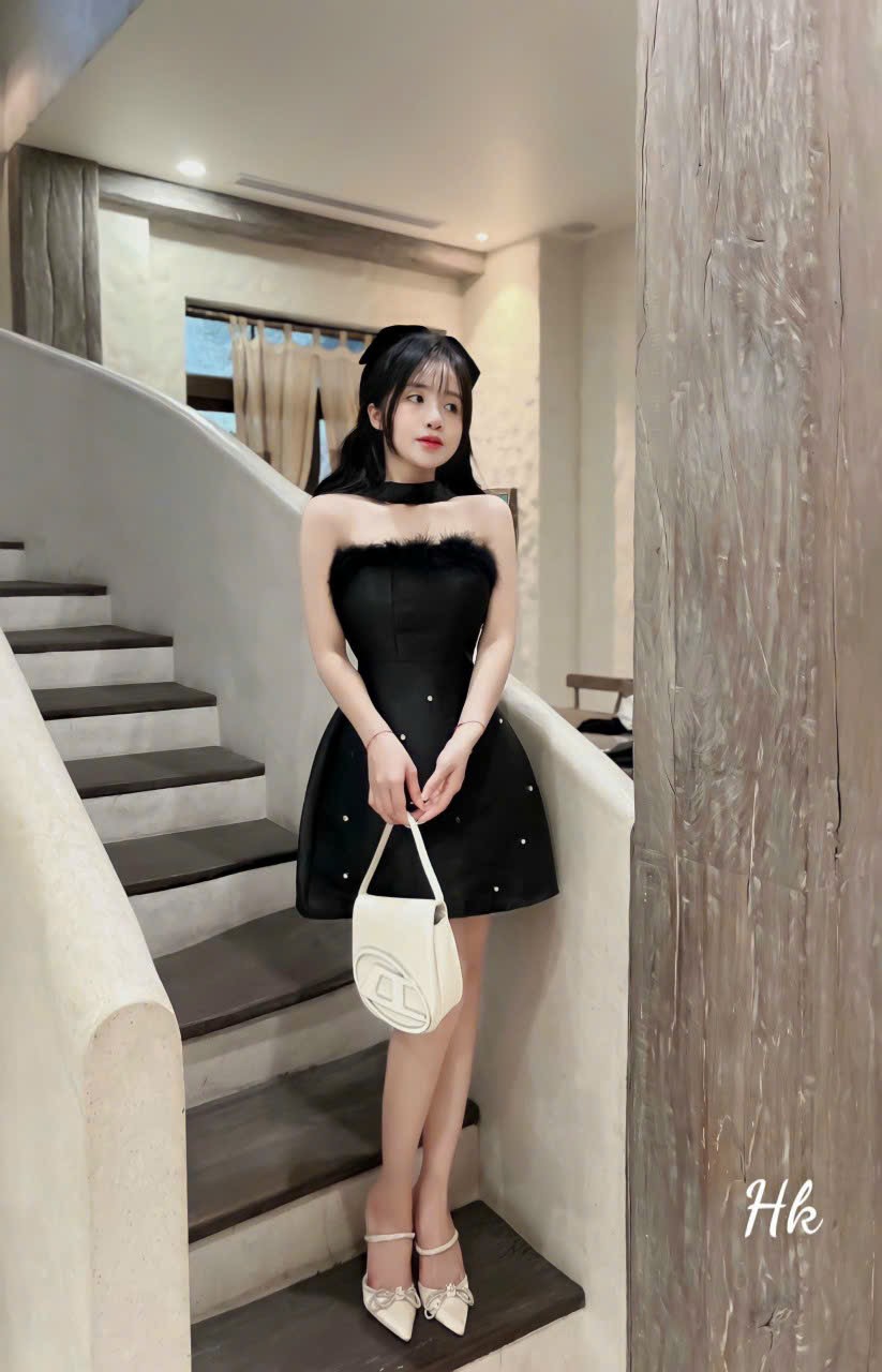 [one size dưới 54kg tùy chiều cao] váy đầm nữ đầm tapta phối lông đính cườm ( có lớt có mút ngực )