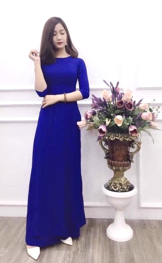 Áo Dài Lụa Nhật - Màu Xanh Cô Ban Đậm Siêu Đẹp