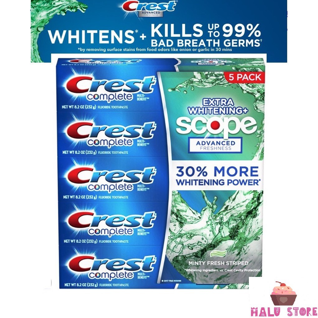 [HOT]Kem Đánh Răng Crest Complete Extra Whitening + Scope Advanced Freshness Mỹ- Hộp 232g