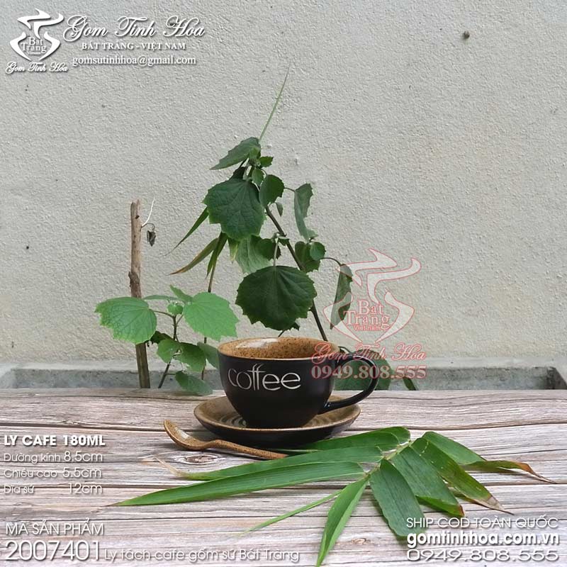 Ly tách uống trà cafe 180ml men đen lòng gốm