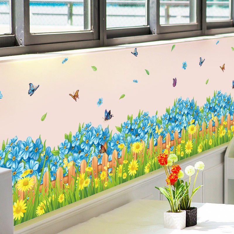 [HCM]DECAL DÁN CHÂN TƯỜNG HÀNG RÀO HOA XANH