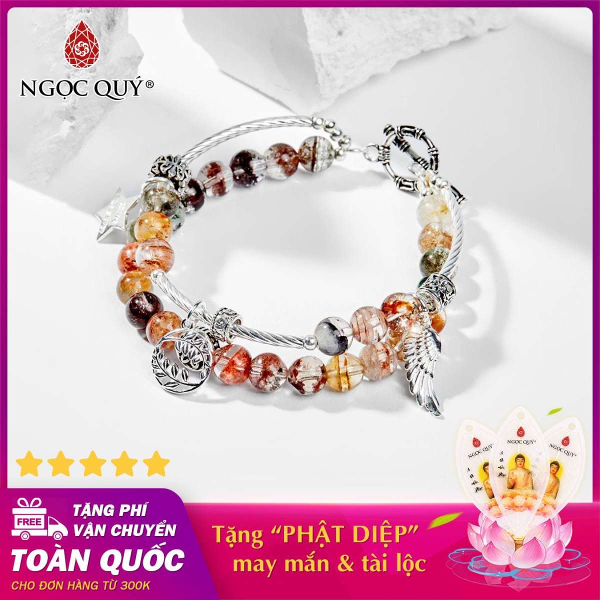 [HCM]Vòng chuỗi hạt đeo tay 2 line đá thạch anh ưu linh đa sắc charm cánh thiên thần size hạt 6mm - Ngọc Quý Gemstones