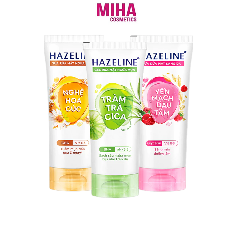 Sữa Rửa Mặt HAZELINE Yến Mạch Dâu Tằm Tràm Trà Cica Nghệ Hoa Cúc 100g