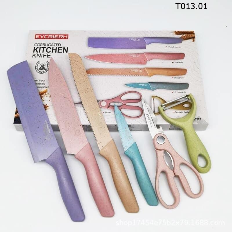 Bộ dao lúa mạch kháng khuẩn 6 món hộp đựng cao cấp, set dao 6 chi tiết lúa mạch dụng cụ nhà bếp