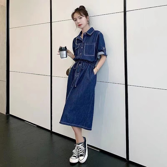 [HCM]ĐẦM JEAN XOÈ CỔ PHỐI VIỀN