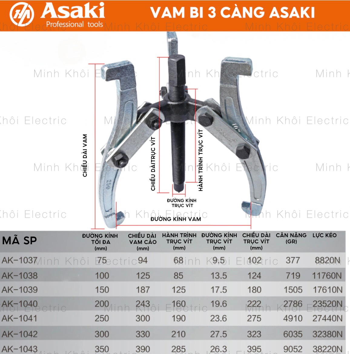 Vam cảo 3 càng đa năng Asaki,cảo 2 chấu,cảo 3 chấu,vam 2 chân,cảo 3 càng tháo vòng bi,cảo vòng bi,kẹp 2 chấu,cảo cơ khí,vam 3 chân tháo vòng bi,cảo 3 chấu,cảo bạc đạn,cảo bánh răng,cảo tháo vòng bi,kẹp 3 chấu