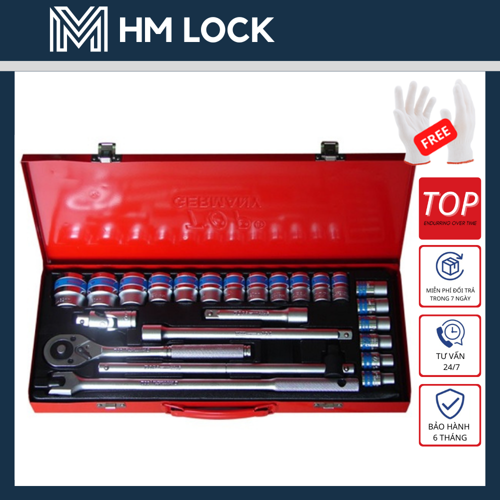 BỘ TUÝP 1/2" 24 MÓN ĐỨC (BÔNG & LỤC) TOP - THÉP CR-V SIÊU CỨNG, KHÔNG GỈ CAO CẤP - HÀNG CHÍNH HÃNG - HM LOCK