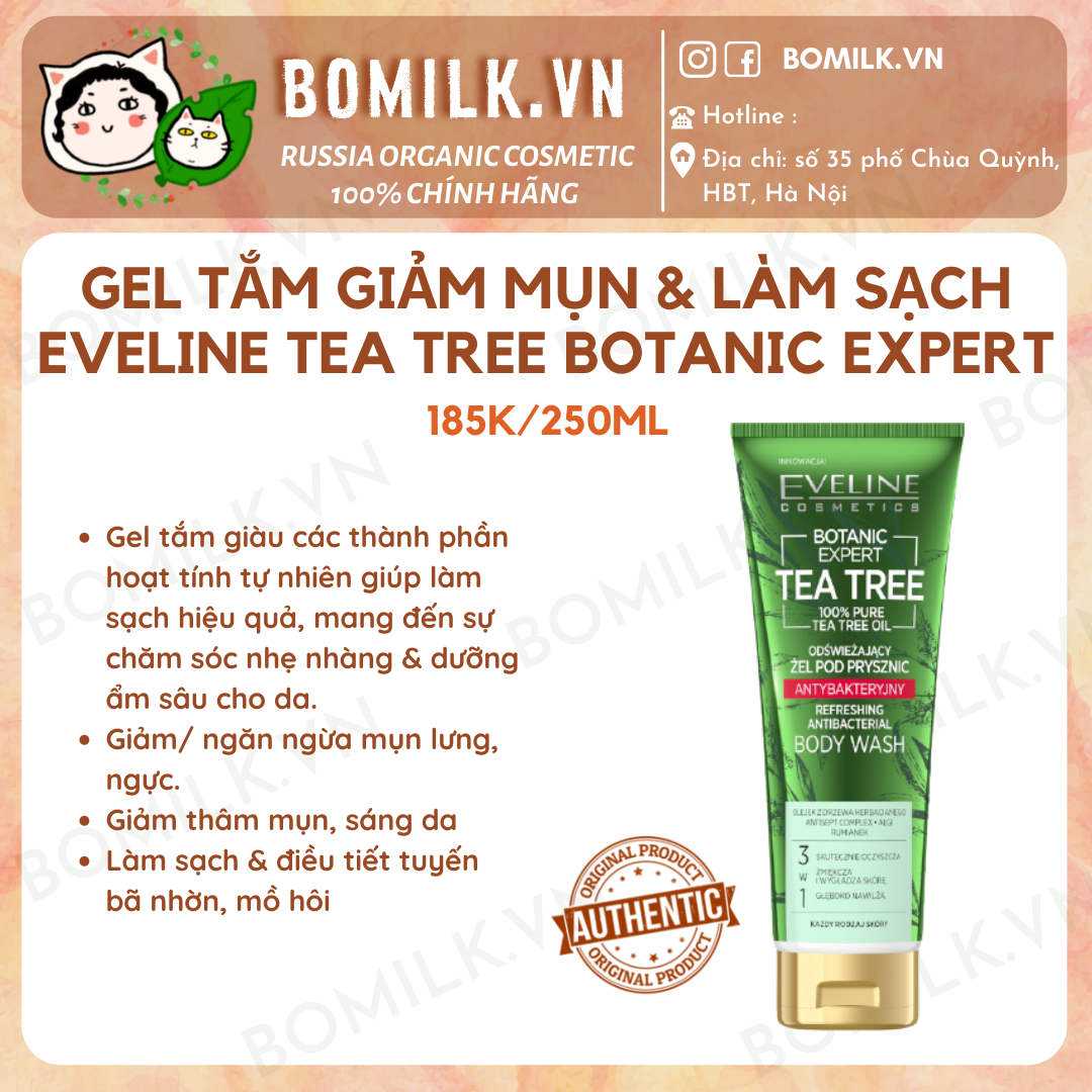 Gel tắm giảm mụn & làm sạch Eveline tea tree Botanic Expert Refreshing