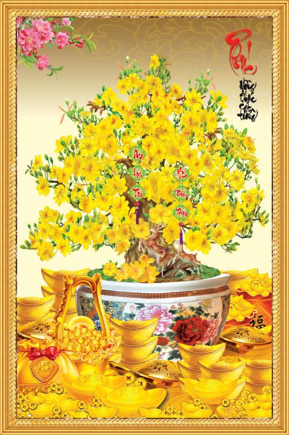 Tranh dán tường 3d vtc hoa mai chữ phúc mai-001-phuc kim sa