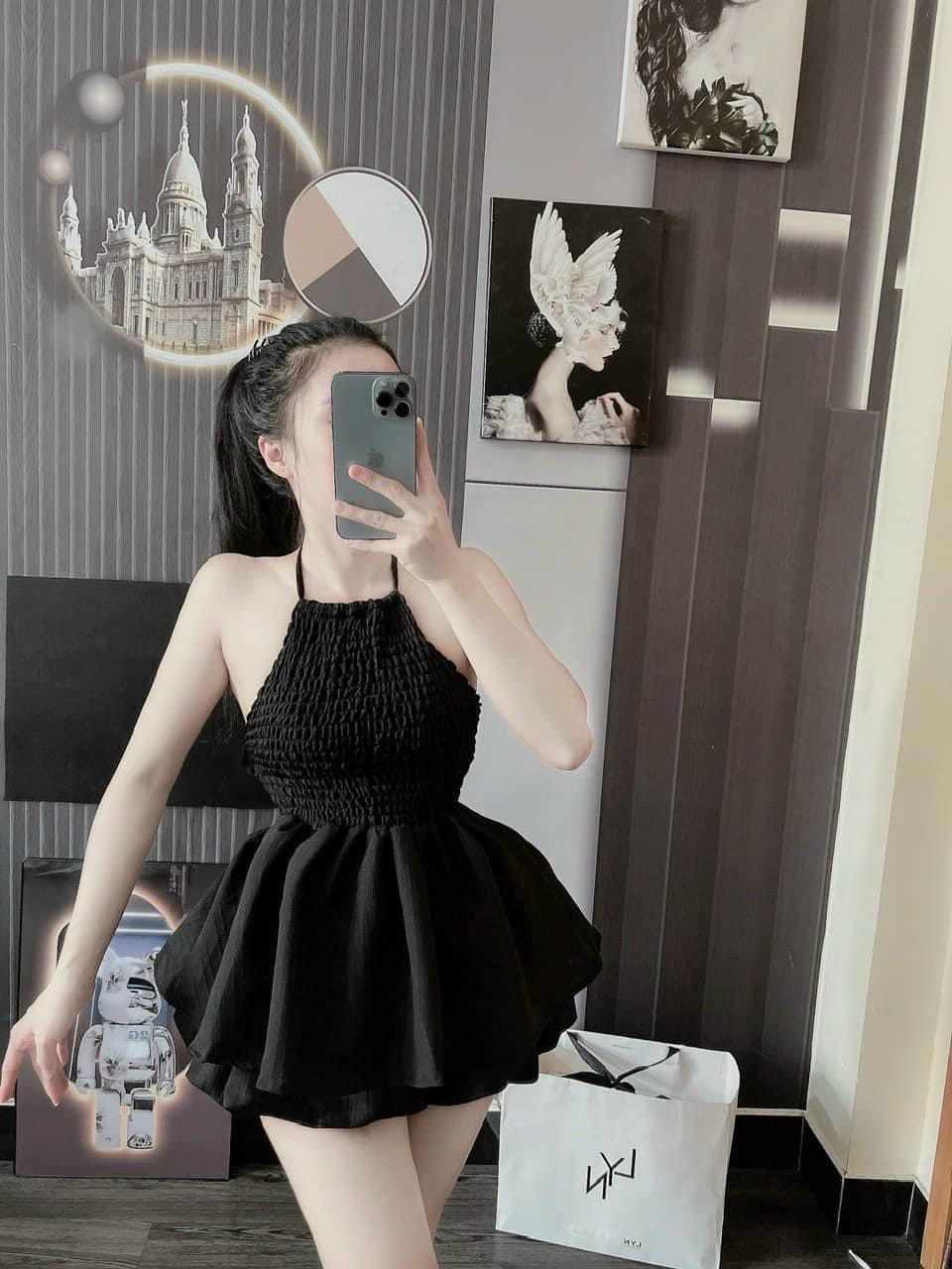 [SIÊU HOT]Set bộ nữ áo 2 dây yếm choàng cổ nhún chun hở lưng có dây ngang có phối sẵn kèm quần đùi bí form siu cute TU