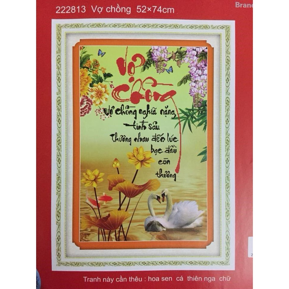 Tranh thêu chữ thập vợ chồng thiên nga hoa sen vàng 222813 - kích thước 52 * 74