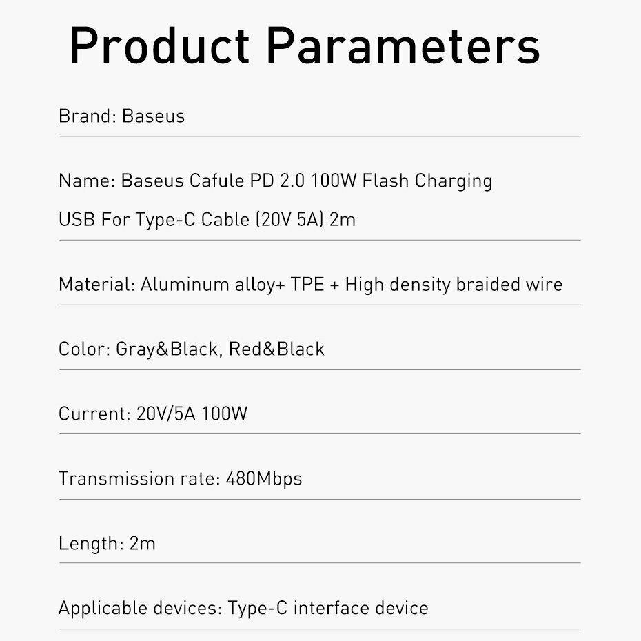 Cáp sạc Baseus Cafule Series USB C to C chuẩn PD 2.0 công suất 100W dài 200cm cho điện thoại , laptop , Macbook