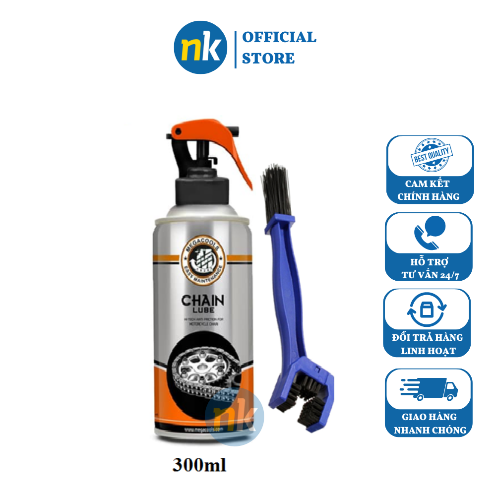 [HCM]Combo chai xịt bảo dưỡng sên xích sên phốt cao su Megacools Chain Lube và bàn chải vê sinh sên 3D cao cấp