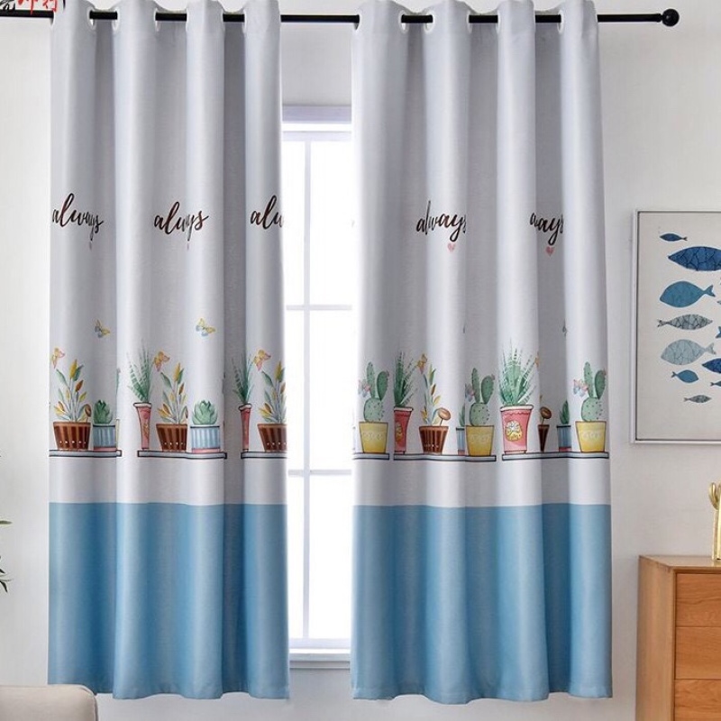 Rèm vải dày cao cấp ( có sẵn khoen tròn ) 2m cao - chậu hoa ( xanh ) nhaxinhnhadep (Mới)