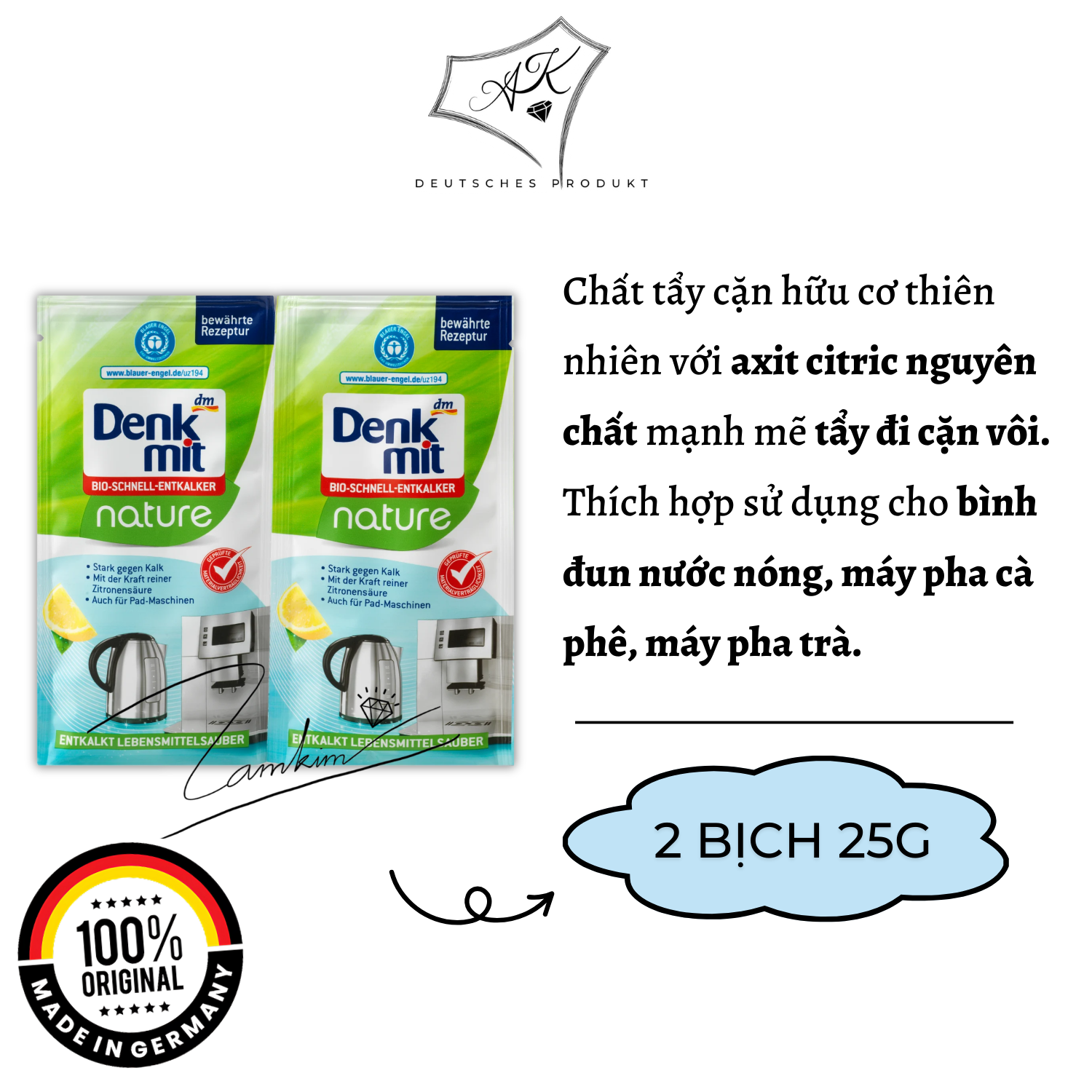 [ Hàng Đức ] Bột tẩy cặn ấm siêu tốc, máy pha cà phê - Denkmit - Set 2 gói 25gr
