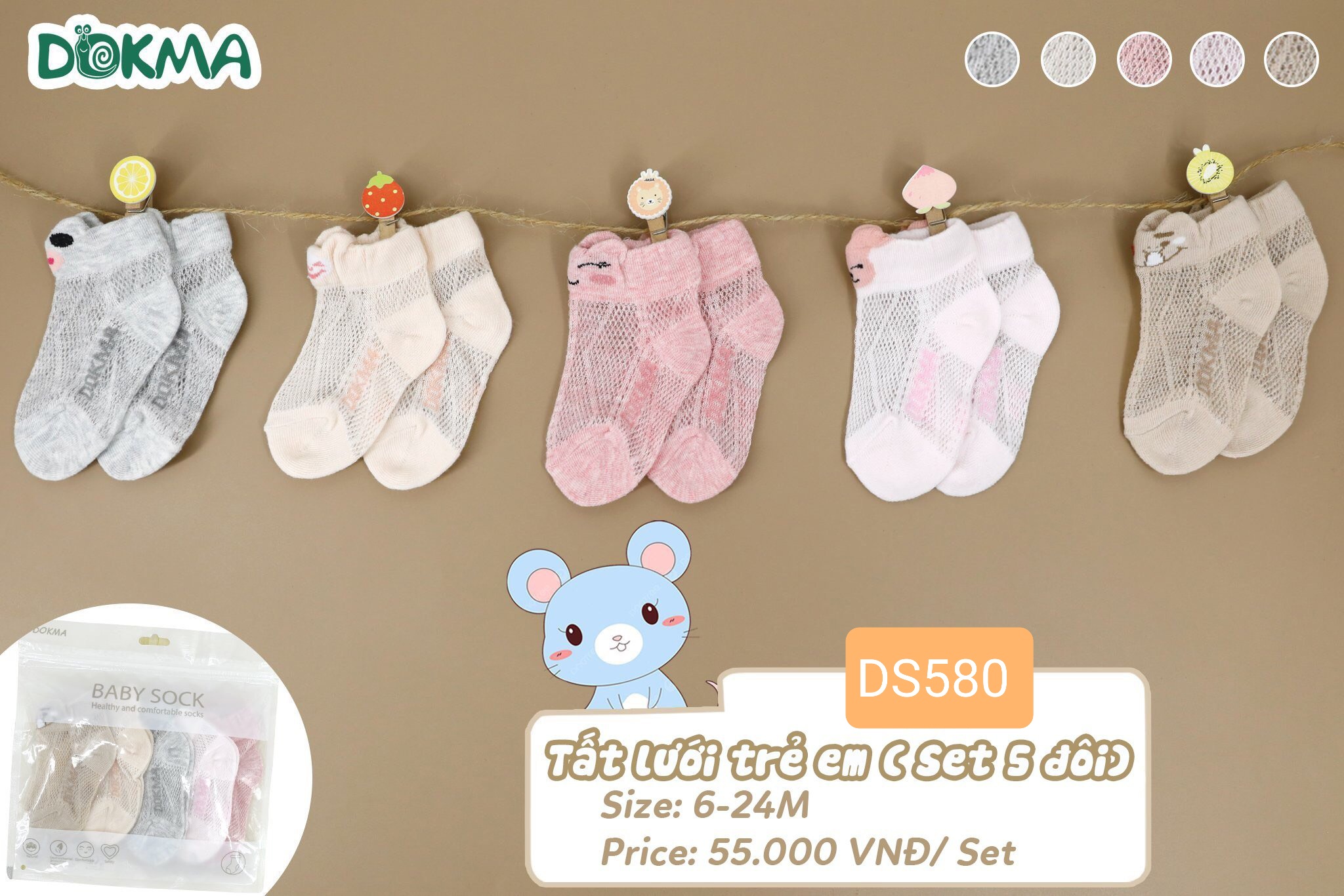 Tất lưới sơ sinh Dokma set 5 đôi dùng 4 mùa (0-12m) (DS580 - DS581)