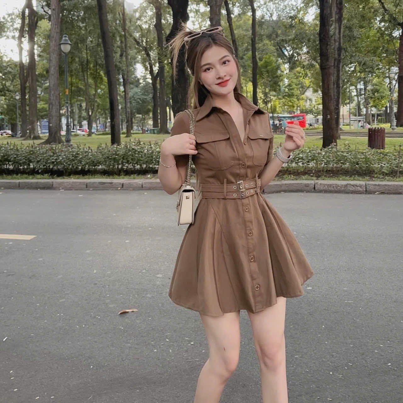 Đầm kaki sơ mi ngắn tay có thắt lưng chiết eo tôn dáng, Đầm siêu HOT dáng ngắn kiểu sơ mi kaki cá tính MTB
