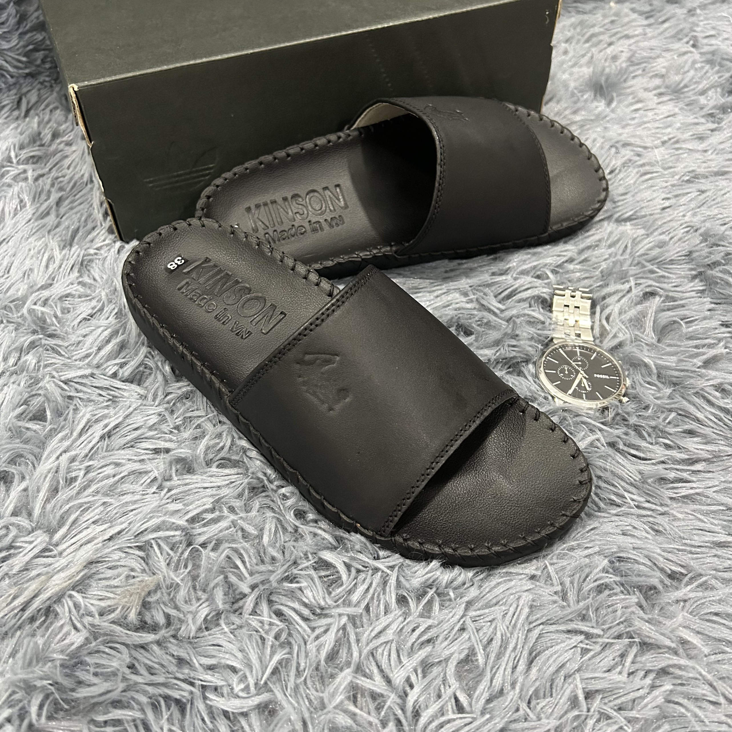 Dép Quai Ngang Nam Da Bò, Dép Nam Cao Cấp, Khâu Chỉ Toàn Bộ, Đế Chống Trượt KINSON Shop