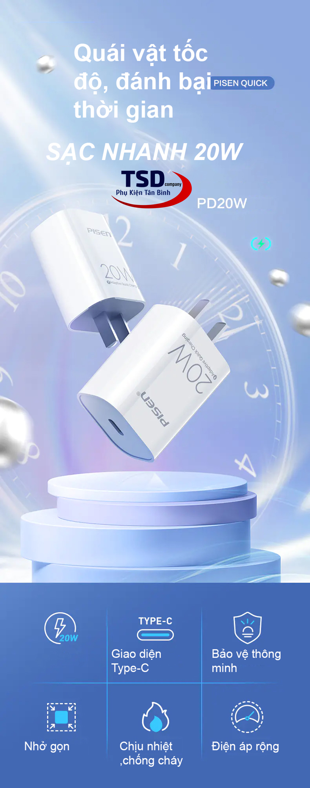 Củ Sạc Nhanh Pisen PD 20W Chính Hãng ( PD 3.0, Quick Charge 4.0 )