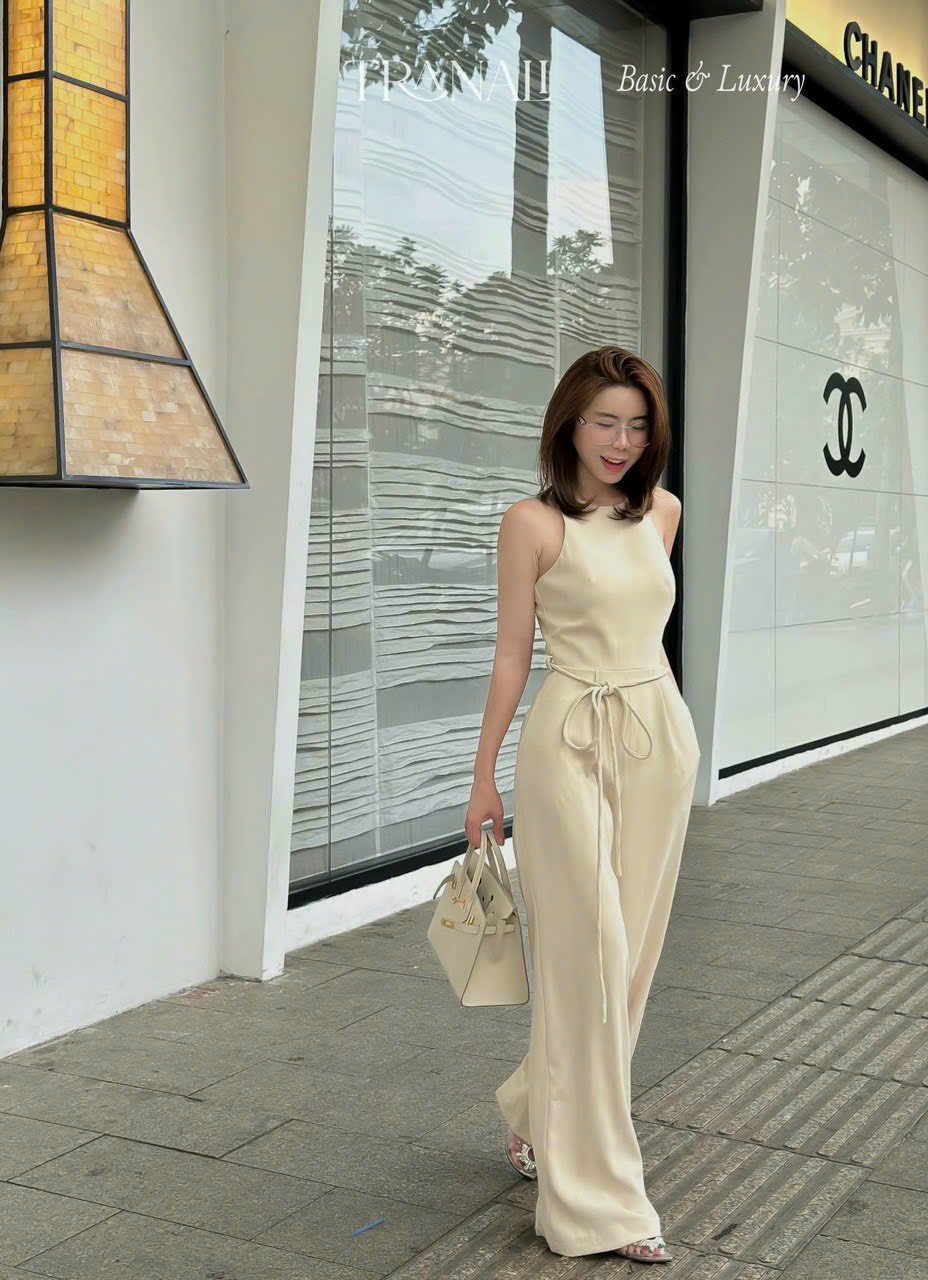 Jumsuit nữ quần dài ống rộng trơn sát nách cổ tròn cột dây eo chất cotton lạnh