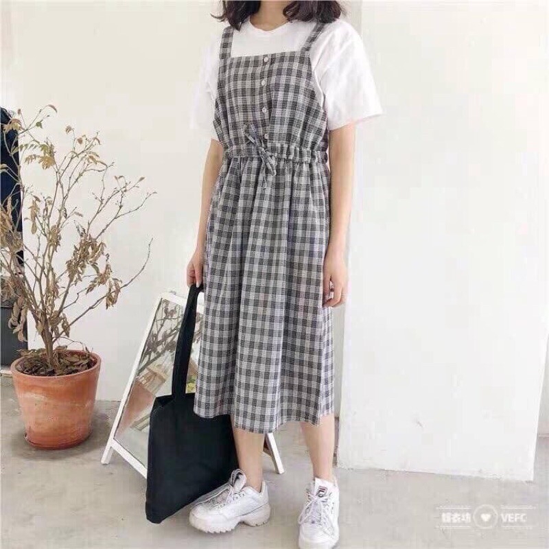 BIG SALE -  yếm váy rút eo kẻ màu (kèm ảnh thật )