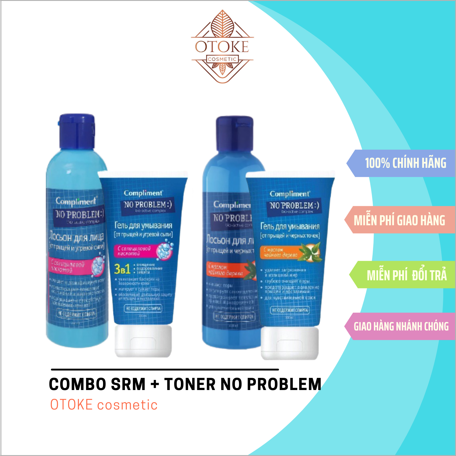 [Chính hãng - Có tem phụ] Combo sữa rửa mặt + toner Compliment No Problem giảm viêm, mụn tea tree 200ml - 200ml