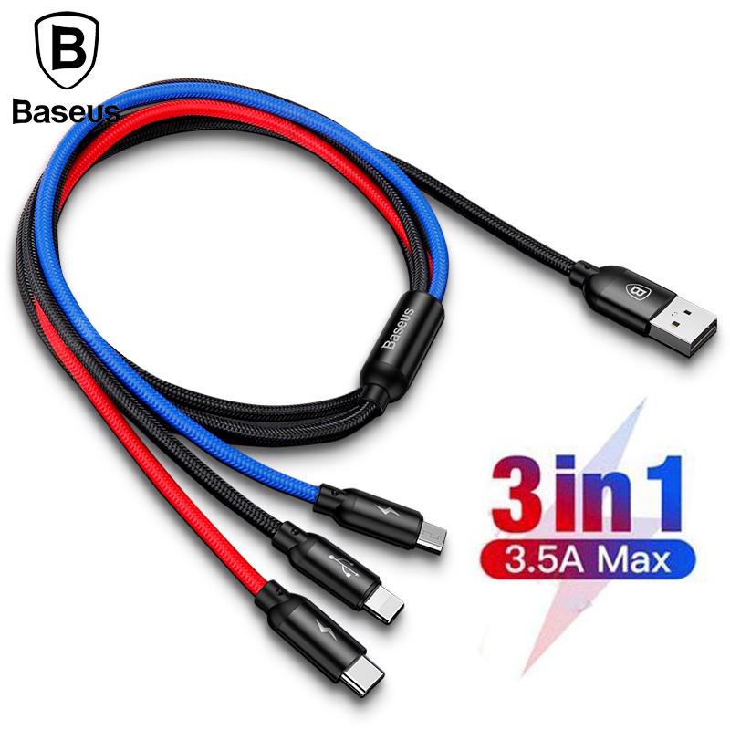 Cáp sạc và truyền dữ liệu tốc độ cao Baseus Three Primary Colors tích hợp 3 đầu kết nối Type C, Android và Lightning ( USB Type A to USB Type C/ Micro USB/ Lightning Fast Charging Cable) dài 1.2m