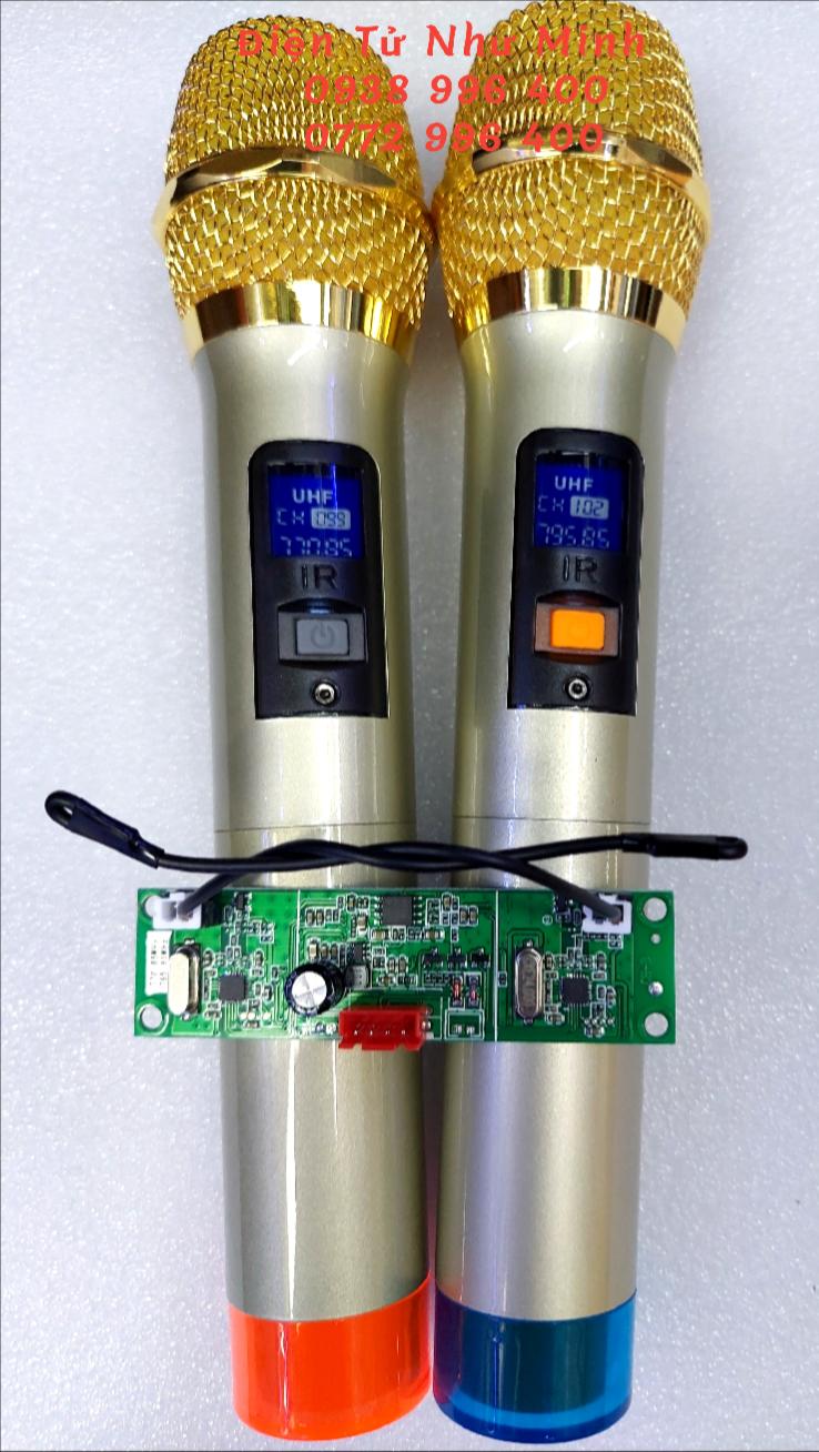 Bộ mic loa kép 2 tay mic + mạch thu sóng - thân mic kim loại