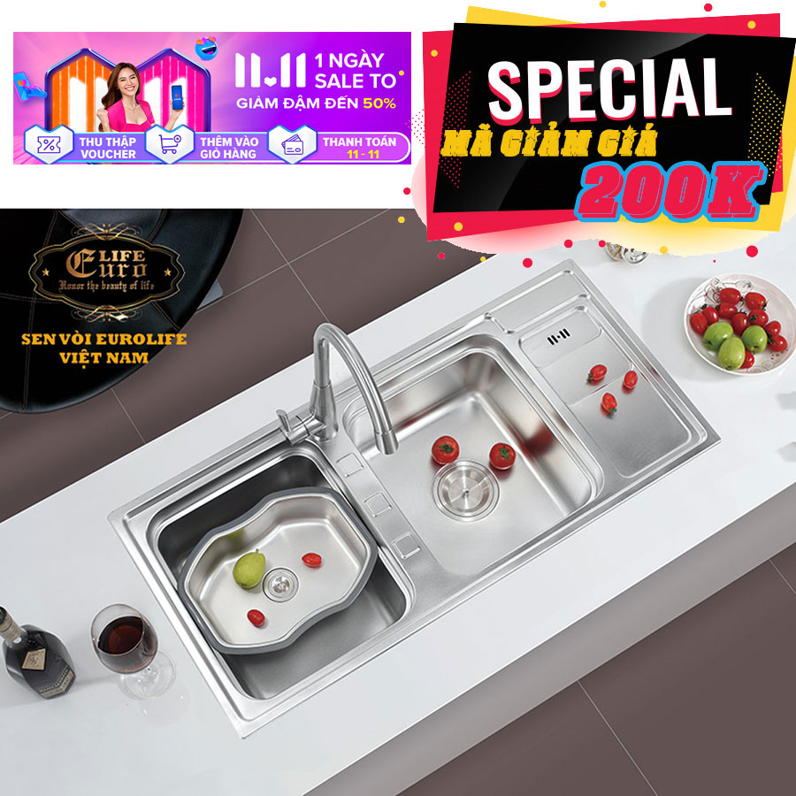 Chậu rửa chén eurolife el-c7 + chậu inox nhỏ có xả eurolife c18