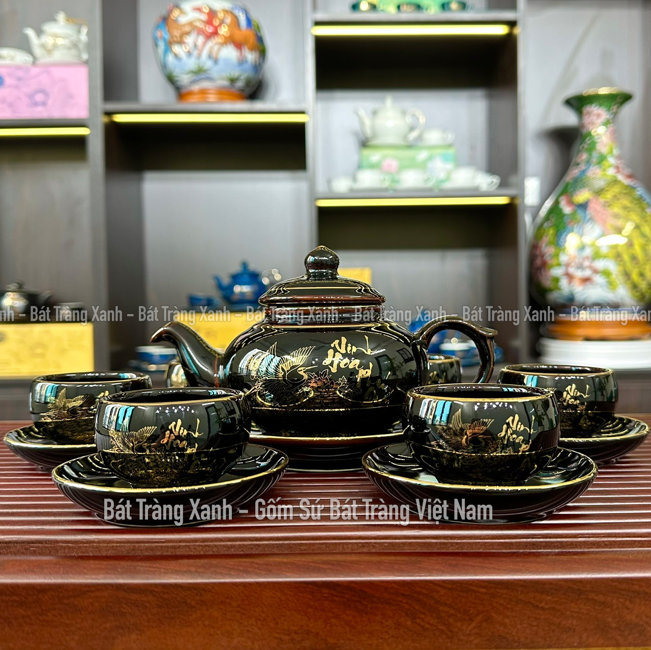 Bộ Ấm Chén Men Đen Bóng VInh Hoa Phú Quý - Bộ Ấm Trà Bát Tràng Đẳng Cấp