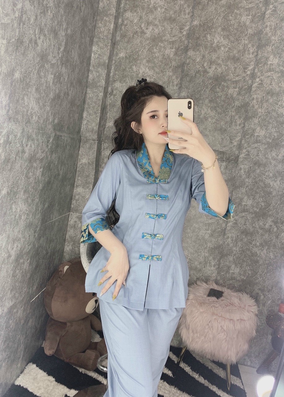 Đồ lam đi chùa # bộ viền hoa lụa hàn 2# quần áo nữ cao cấp