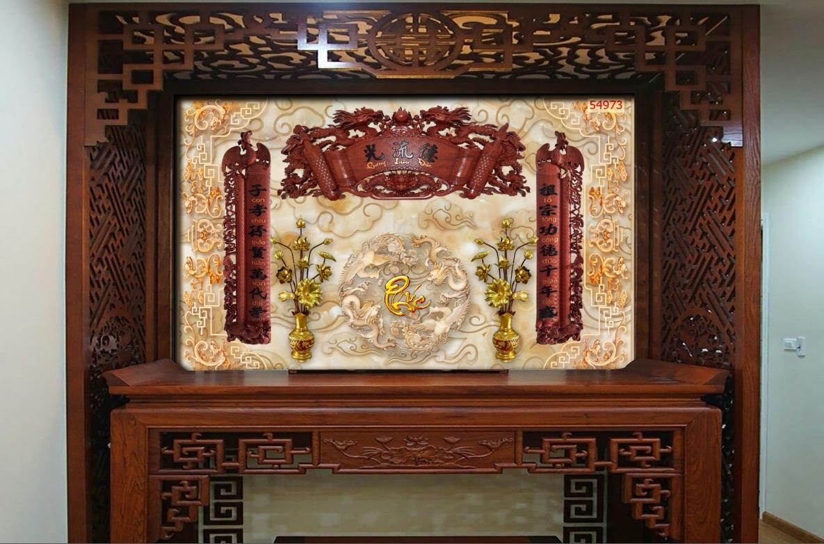 Tranh dán tường 3D trang trí phòng thờ ban thờ giá rẻ đẹp in theo kích thước yêu cầu