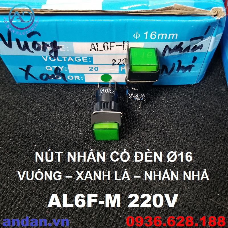 Nút nhấn ấn đề có đèn phi 16mm, vuông nhấn nhả al6f-m 220v