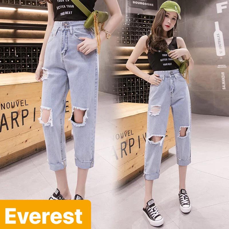 QUẦN JEAN BAGGY NỮ CHẤT BÒ XANH RÁCH 2 GỐI HÀN QUỐC ULZZANG LƯNG CAO NÂNG MÔNG EV-3017 - EVEREST FASHION