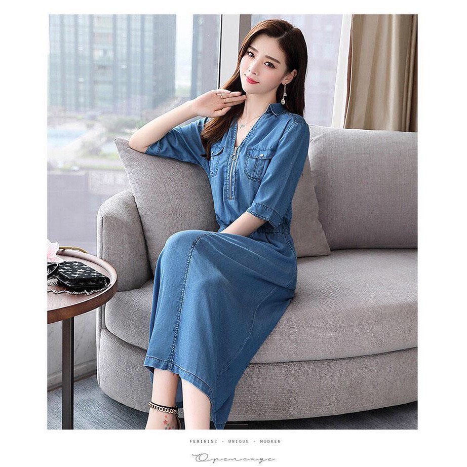 [Hcm] V-Necklace Jean Dress with Zipper