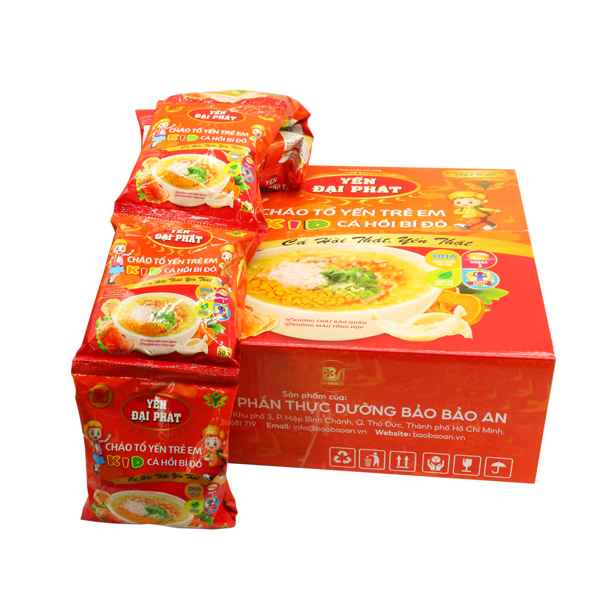 Cháo Tổ Yến Trẻ Em Cá Hồi Bí Đỏ - Yến Đại Phát Thùng 30 gói x 50gr tiện lợi thơm ngon dinh dưỡng cao, cháo trẻ em, cháo ăn liền