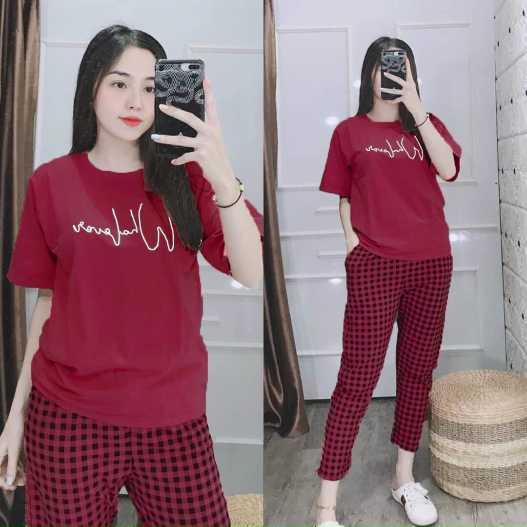 Đồ bộ dài quần caro thun cotton