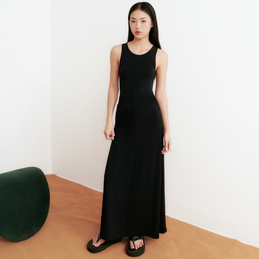 DOTTIE - Đầm midi sát nách nhún eo - Đen - D0553