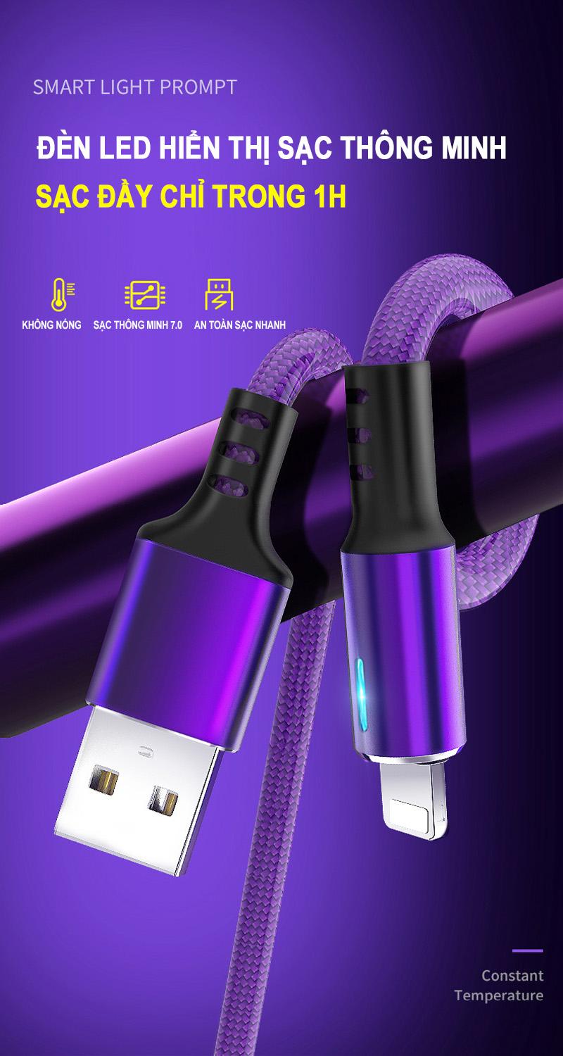 Cáp sạc iphone/Android sạc nhanh, hiển thị đèn LED dây dù siêu bền