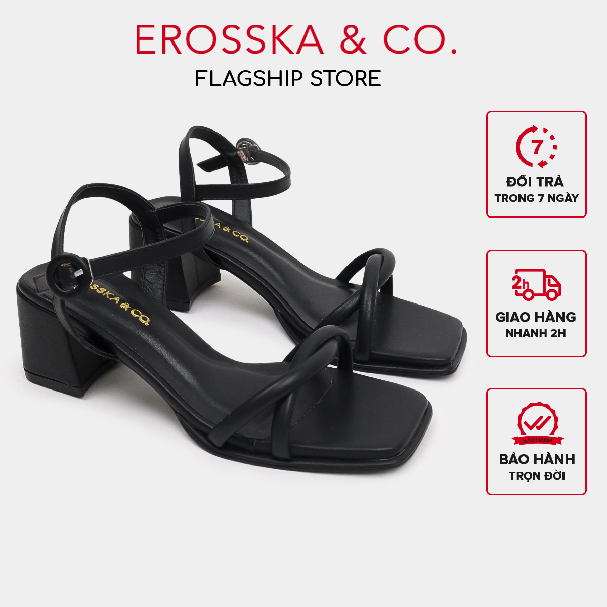 Erosska - Giày sandal cao gót nữ mũi vuông quai đan phong cách đơn giản cao 6cm màu nude - EB072