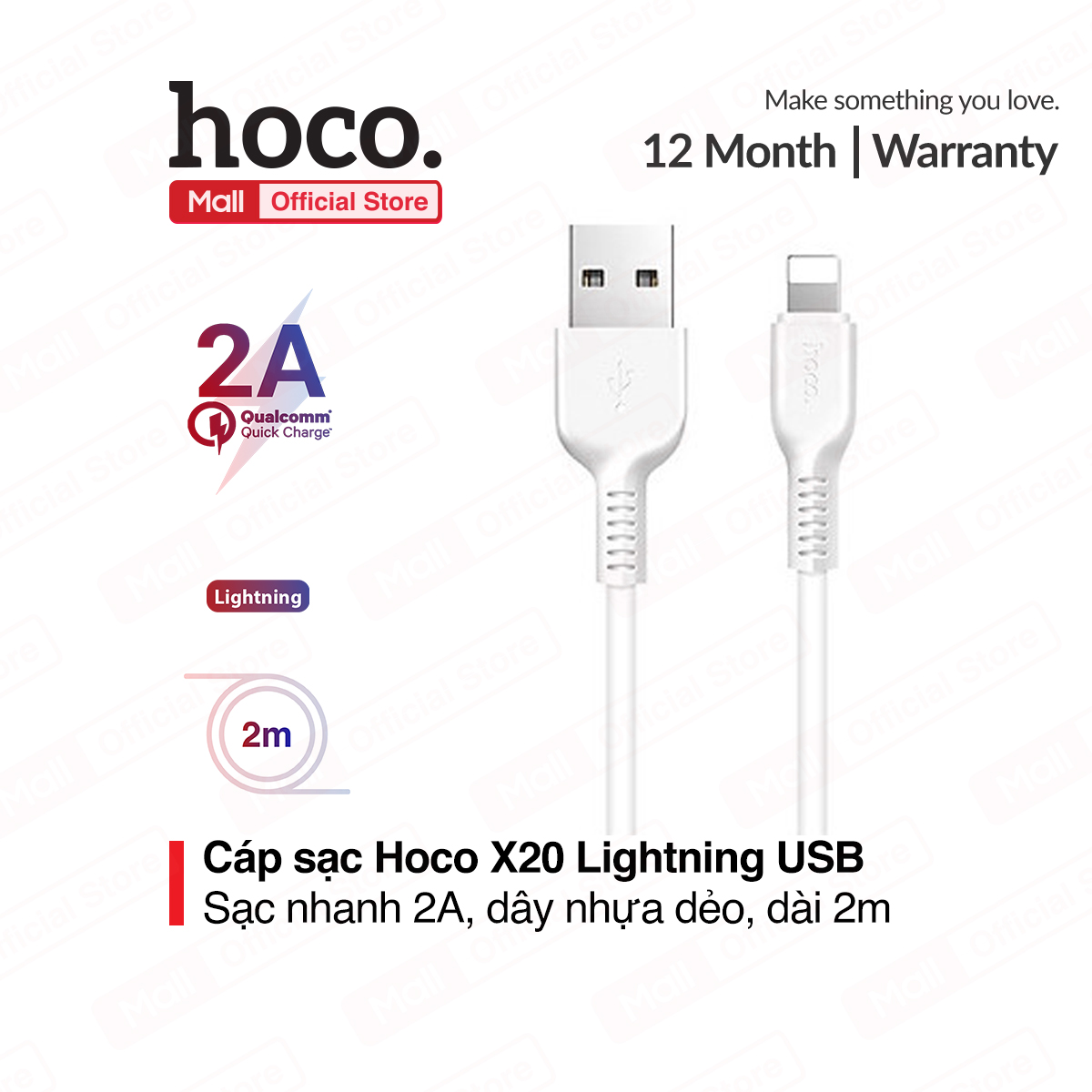 Cáp sạc nhanh và truyền dữ liệu Lightning Hoco X20 sạc nhanh 2A MAX chất liệu TPE siêu bền dành cho iPhone XS max iPhone 11 iPhone 11 Pro max dài 200cm